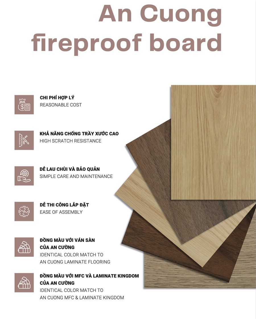 Tấm chống cháy An Cường  Fireproof Board đạt tiêu chuẩn khắt khe về chống cháy theo chuẩn quốc tế.